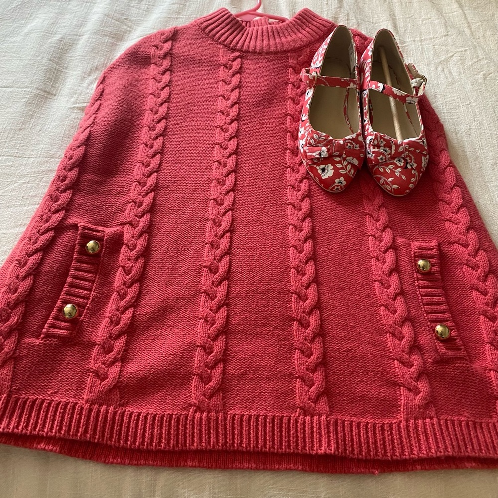 Janie and Jack Sweater Cape with matching floral shoes